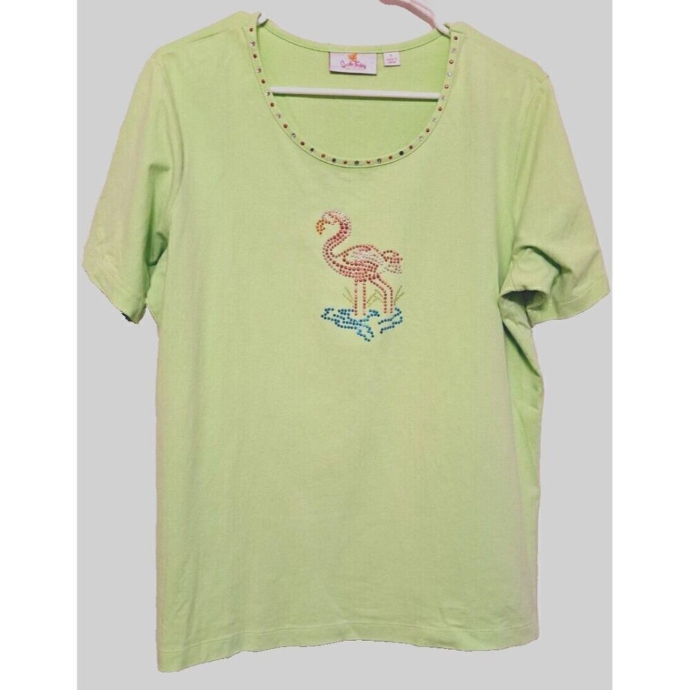 Quacker Factory L Light Lime Green Short Sleeve Shirt Rhinestone Flamingo
